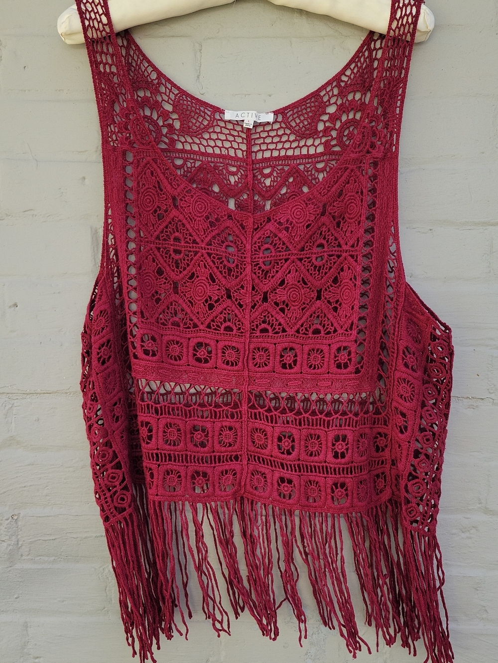 Active Brand Cotton Crochet Fringe Sleeveless Vest in Wine Red Sz Lg Cotton